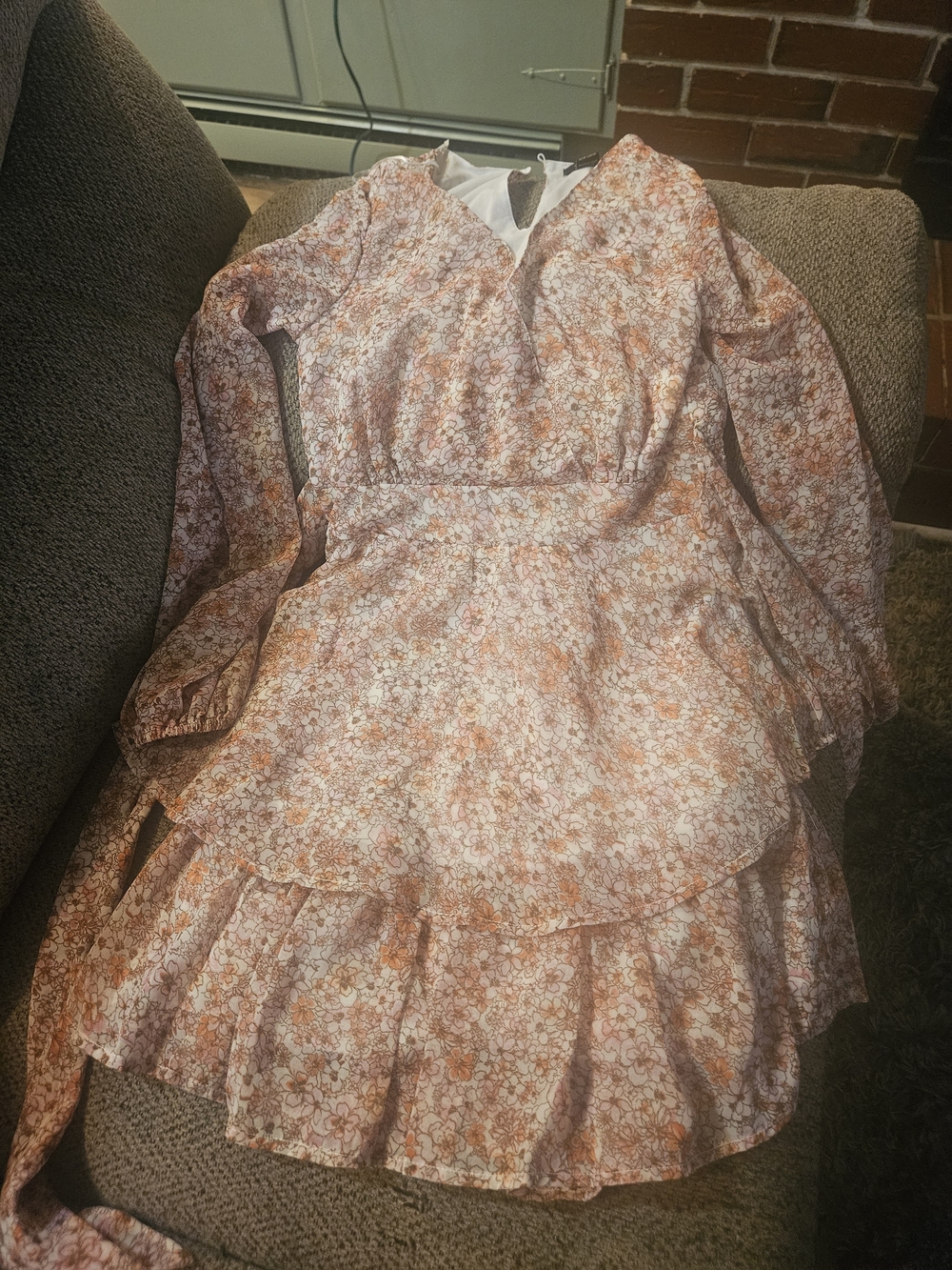 Women's Peach Floral Long-Sleeve Tiered Dress
